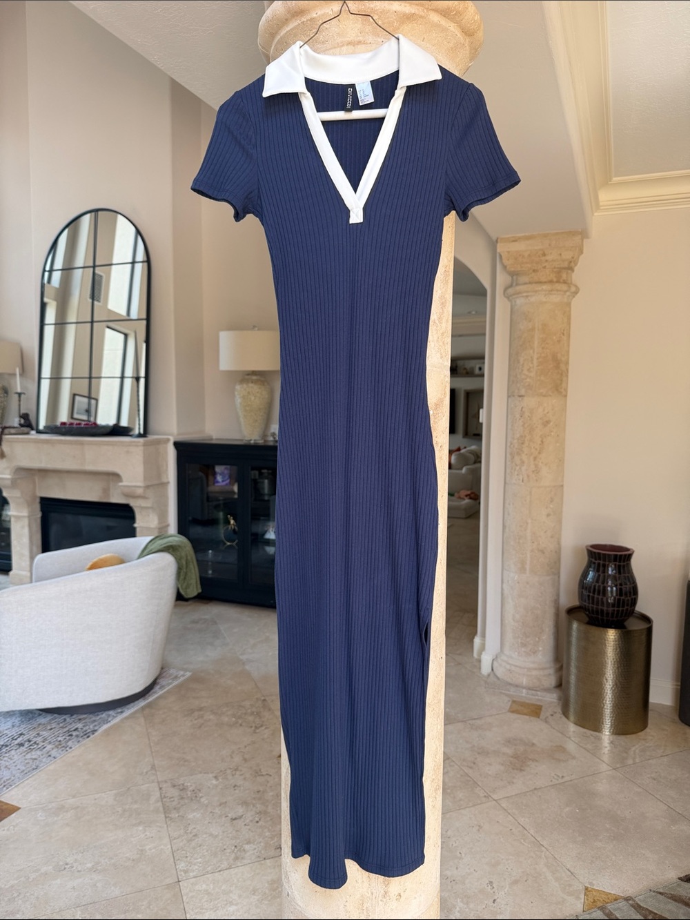 H&M Navy Maxi Polo-Style Dress with White Trim Sz Extra Small